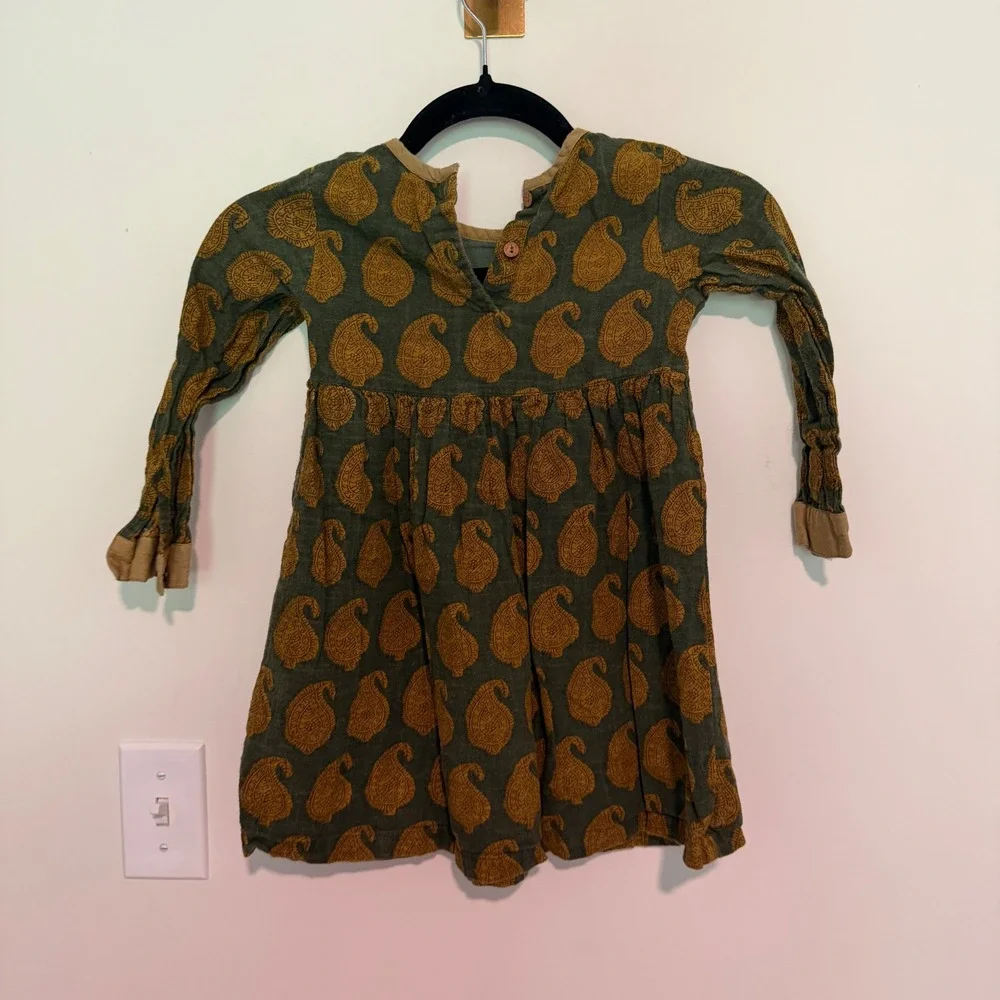 Yo Baby‎ Girls Green Mustard Block Print Paisley Long Sleeve Cotton Dress Size 4